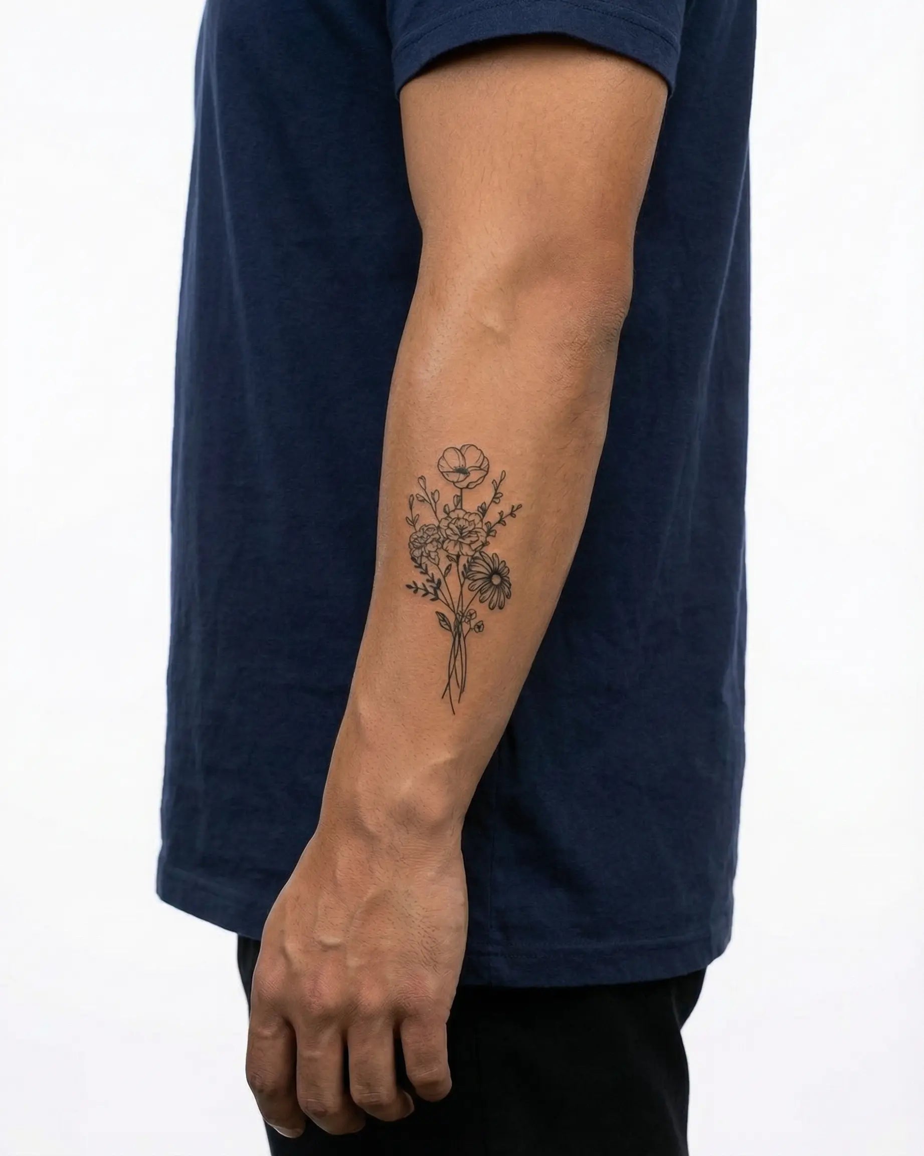 INKON Wildflower Bouquet semi-permanent tattoo applied on a man – 3 x 4 in (6x11cm) design, realistic ink look, lasts 10 days