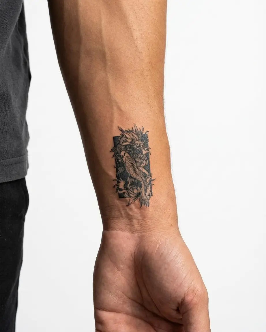 INKON Dragon Koi semi-permanent tattoo applied on a man – 2 x 2 in (5x5cm) design, realistic ink look, lasts 10 days