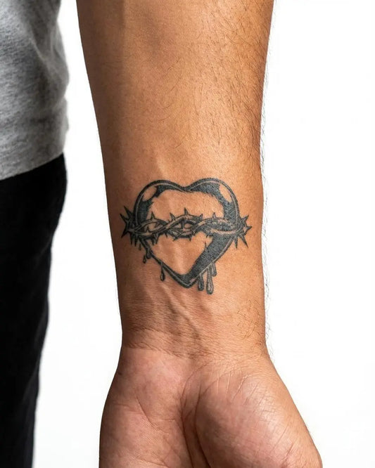 INKON Sacred Heart & Thorns semi-permanent tattoo applied on a man – 2 x 2 in (5x5cm) design, realistic ink look, lasts 10 days