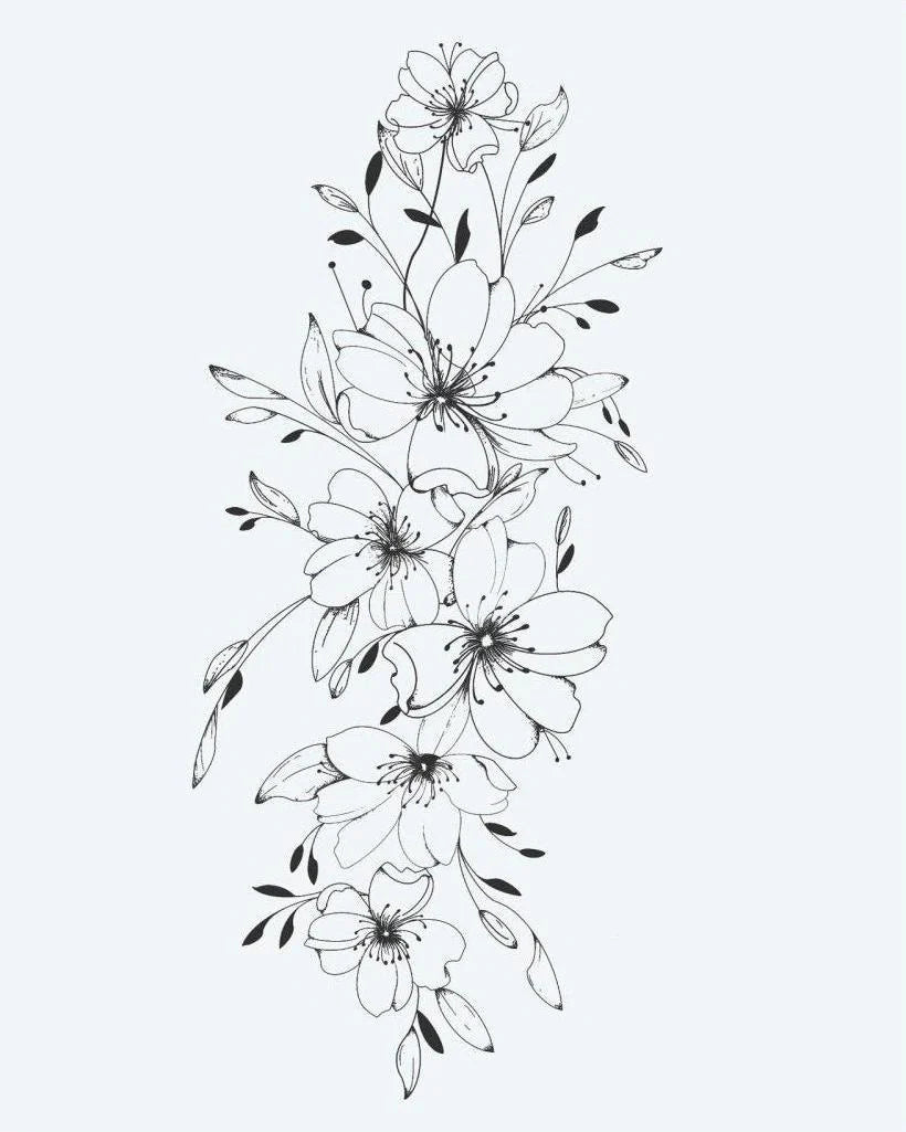 Cherry Blossom Cascade semi-permanent tattoo design by INKON – delicate, vertical, cascade, cherry, blossom illustration, 4 x 7 in (10x17cm), available at inkon.co