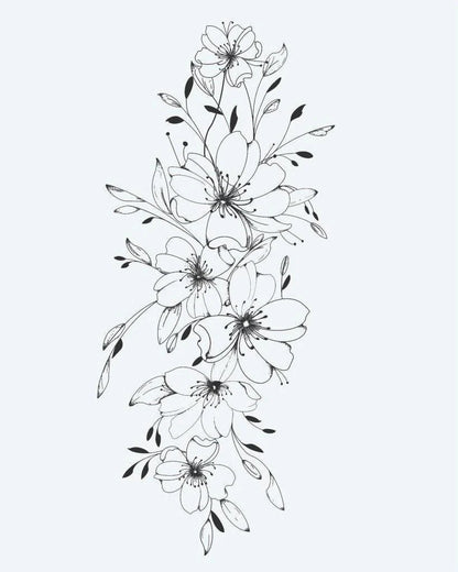 Cherry Blossom Cascade semi-permanent tattoo design by INKON – delicate, vertical, cascade, cherry, blossom illustration, 4 x 7 in (10x17cm), available at inkon.co