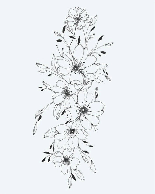 Cherry Blossom Cascade semi-permanent tattoo design by INKON – delicate, vertical, cascade, cherry, blossom illustration, 4 x 7 in (10x17cm), available at inkon.co
