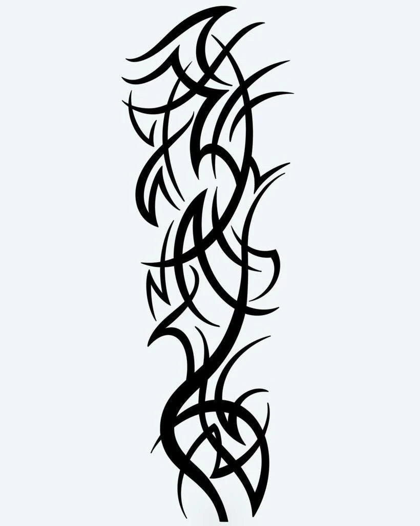 Tribal Thorns semi-permanent tattoo design by INKON – tribal, intertwined, thorny, vines, sharp illustration, 8 x 20 in (20x50cm), available at inkon.co