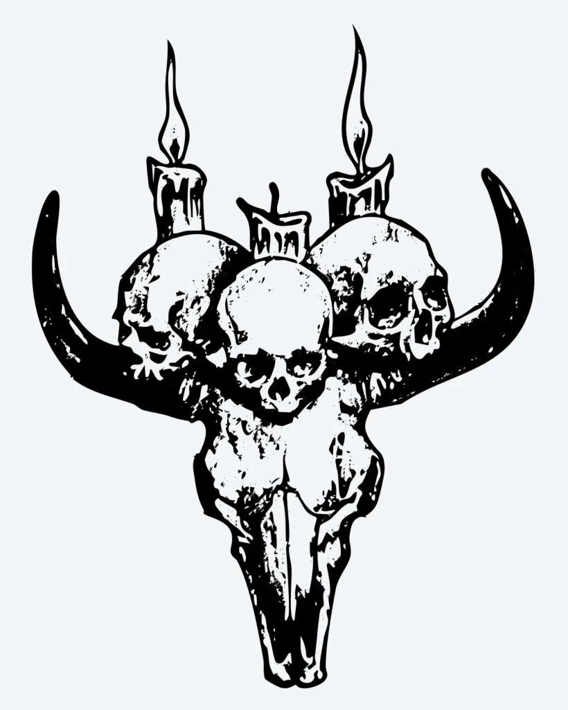 Bull Skull & Candles semi-permanent tattoo design by INKON – ritual, bull, skull, crowned, human illustration, 4 x 4 in (9x9cm), available at inkon.co