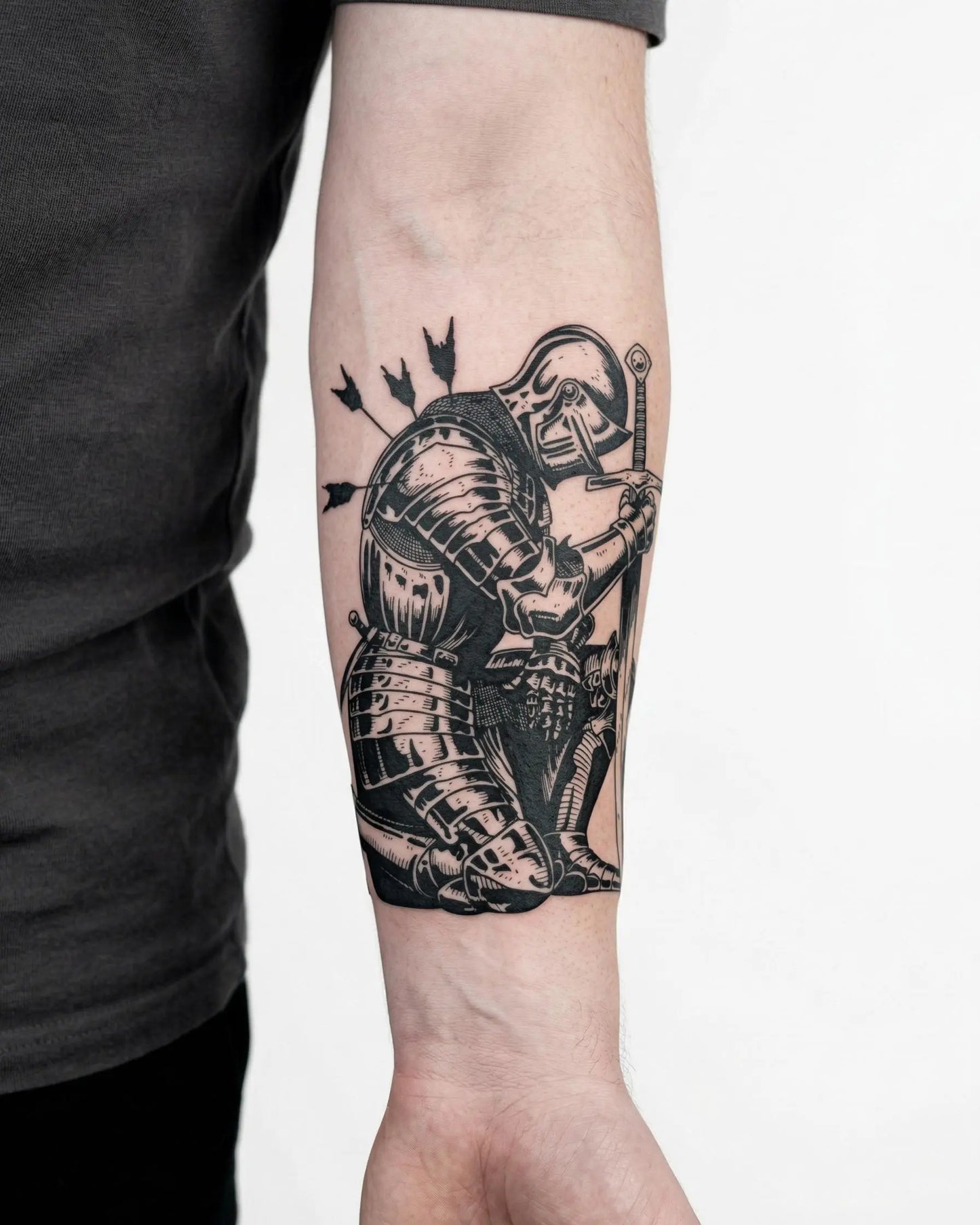 INKON Fallen Knight semi-permanent tattoo applied on a man – 4 x 7 in (10x17cm) design, realistic ink look, lasts 10 days