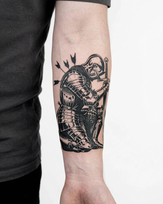 INKON Fallen Knight semi-permanent tattoo applied on a man – 4 x 7 in (10x17cm) design, realistic ink look, lasts 10 days