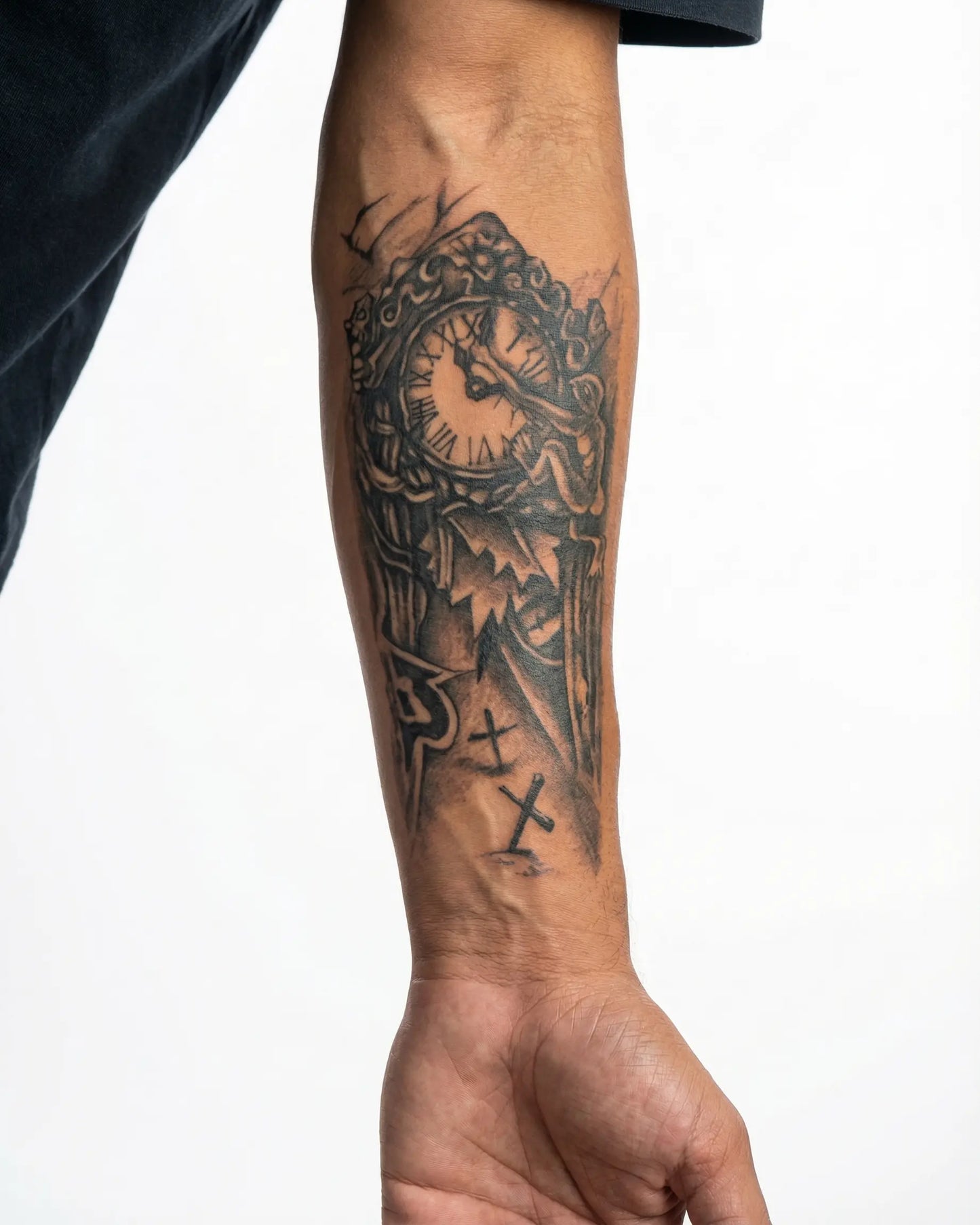 INKON Gothic Clock Tower semi-permanent tattoo applied on a man – 4 x 7 in (10x17cm) design, realistic ink look, lasts 10 days