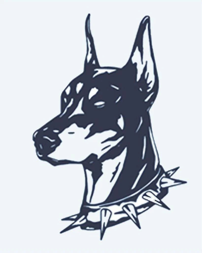 Doberman Portrait semi-permanent tattoo design by INKON – doberman, head, portrait, spiked, collar illustration, 2 x 2 in (5x5cm), available at inkon.co