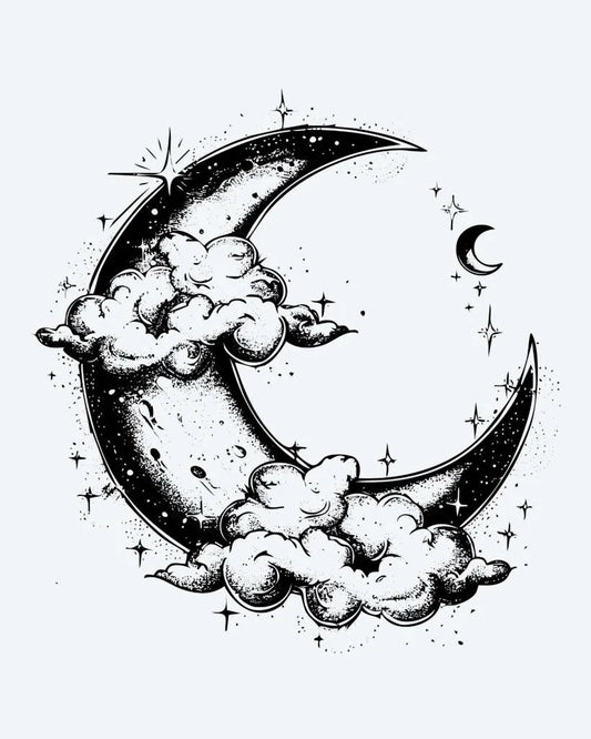 Crescent Moon & Clouds semi-permanent tattoo design by INKON – dreamy, crescent, moon, cradled, soft illustration, 4 x 4 in (9x9cm), available at inkon.co