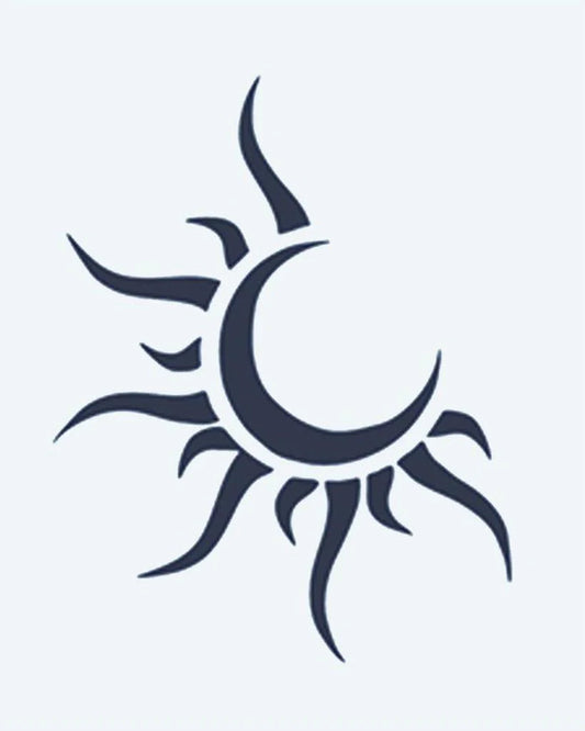 Sun & Moon semi-permanent tattoo design by INKON – crescent, moon, nestled, within, rays illustration, 2 x 2 in (5x5cm), available at inkon.co