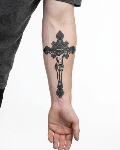 INKON Crucifix semi-permanent tattoo applied on a man – 4 x 7 in (10x17cm) design, realistic ink look, lasts 10 days