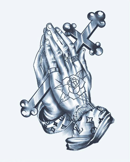 Praying Hands & Rosary semi-permanent tattoo design by INKON – praying, hands, clasping, cross, rosary illustration, 4 x 7 in (10x17cm), available at inkon.co