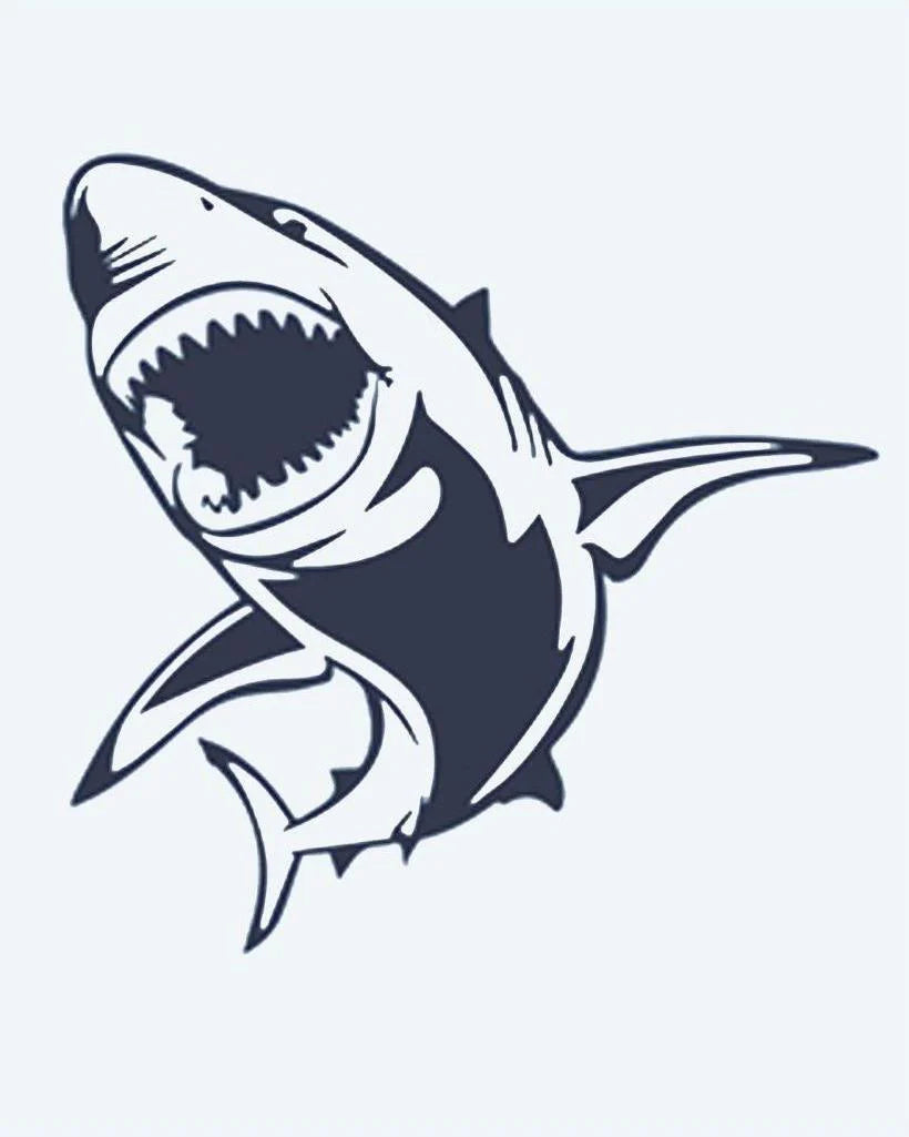Great White Shark semi-permanent tattoo design by INKON – white, shark, leaping, open, jaws illustration, 2 x 2 in (5x5cm), available at inkon.co