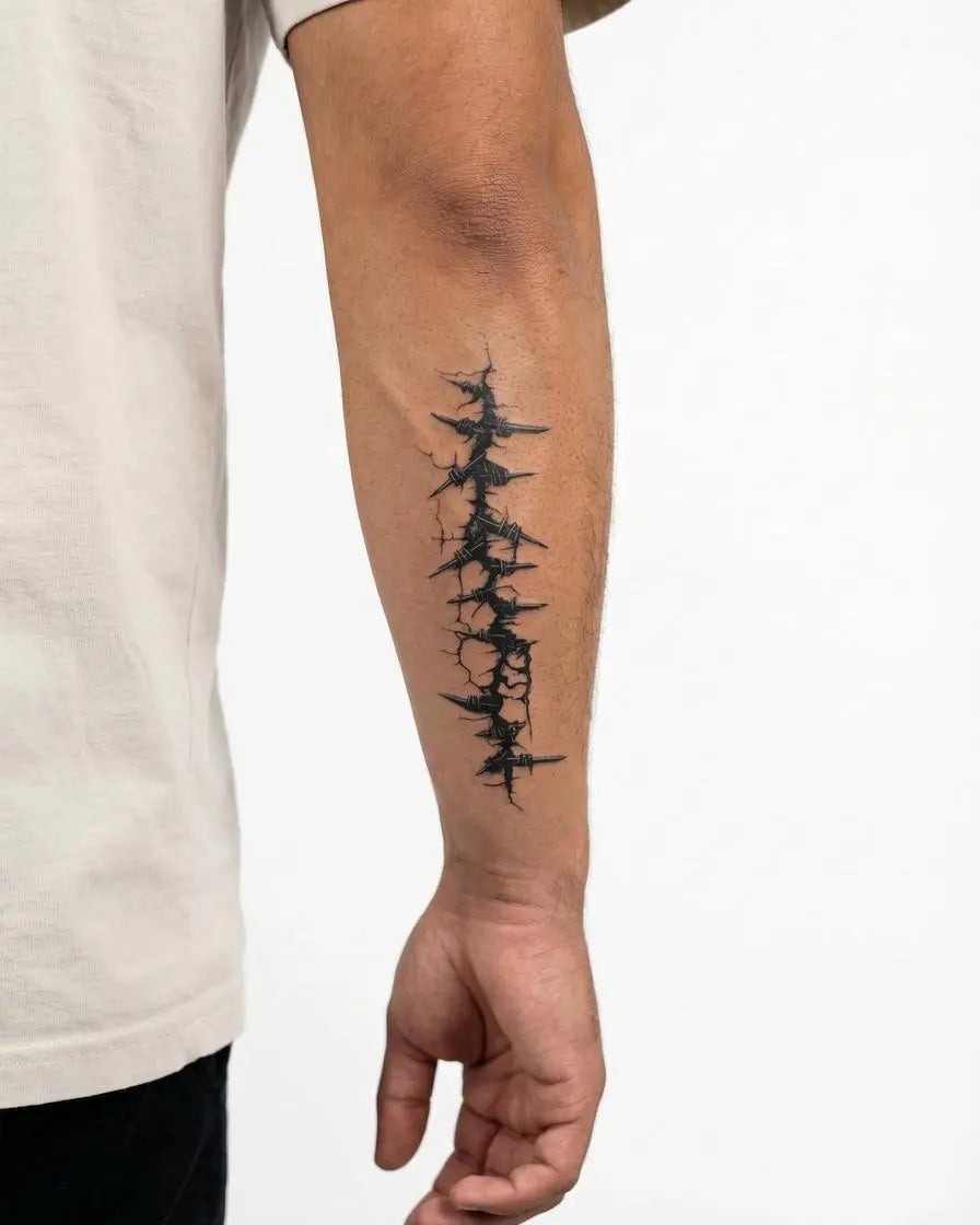INKON Barbed Wire Scar semi-permanent tattoo applied on a man – 4 x 7 in (10x17cm) design, realistic ink look, lasts 10 days