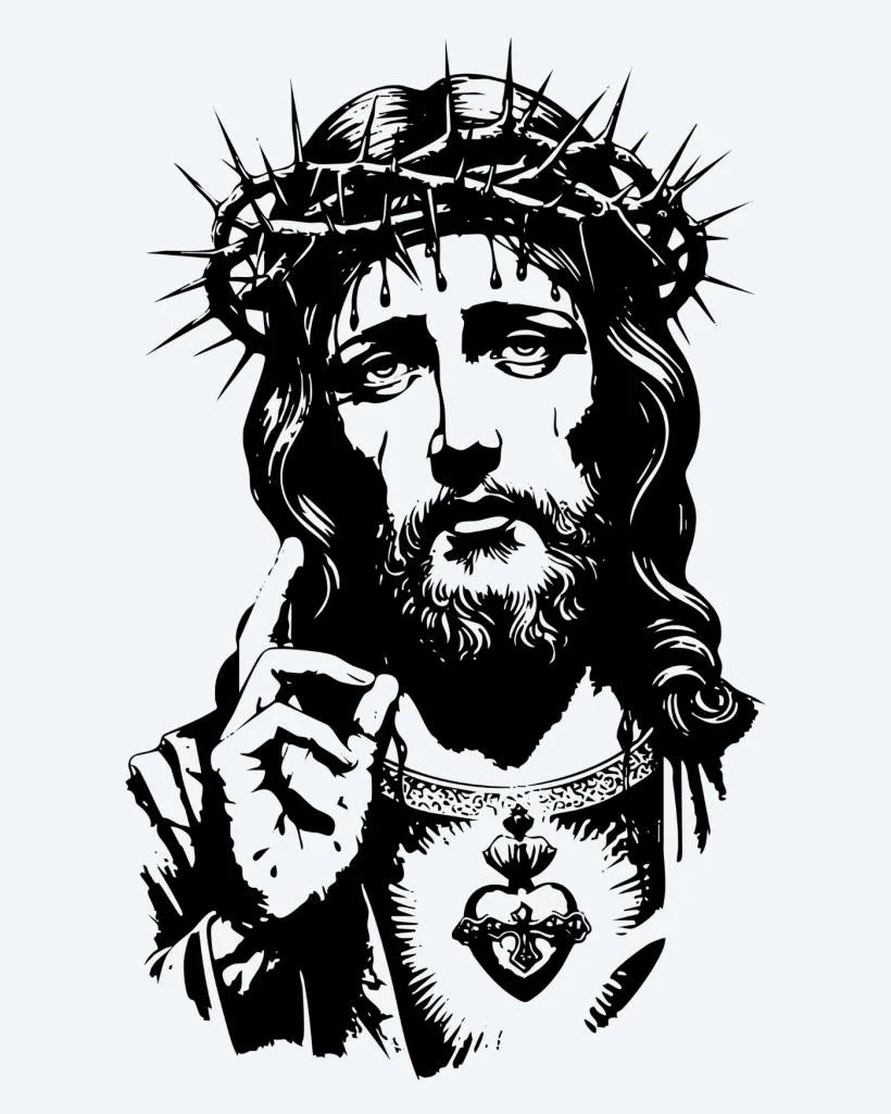 Christ with Crown of Thorns semi-permanent tattoo design by INKON – portrait, jesus, wearing, crown, thorns illustration, 4 x 7 in (10x17cm), available at inkon.co