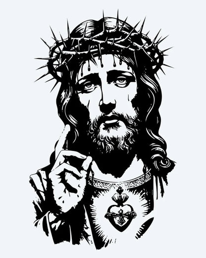 Christ with Crown of Thorns semi-permanent tattoo design by INKON – portrait, jesus, wearing, crown, thorns illustration, 4 x 7 in (10x17cm), available at inkon.co