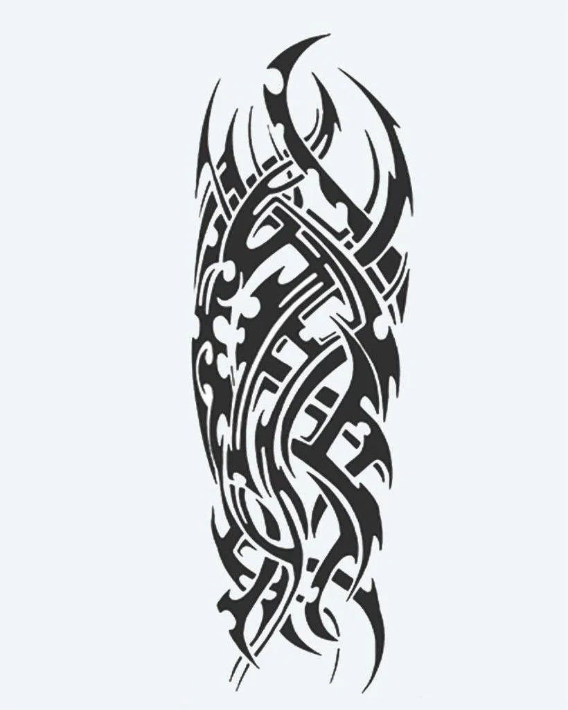 Cyber Tribal semi-permanent tattoo design by INKON – dynamic, full, sleeve, sweeping, tribal illustration, 8 x 20 in (20x50cm), available at inkon.co