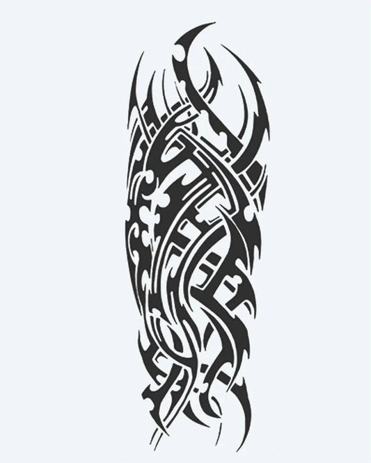 Cyber Tribal semi-permanent tattoo design by INKON – dynamic, full, sleeve, sweeping, tribal illustration, 8 x 20 in (20x50cm), available at inkon.co