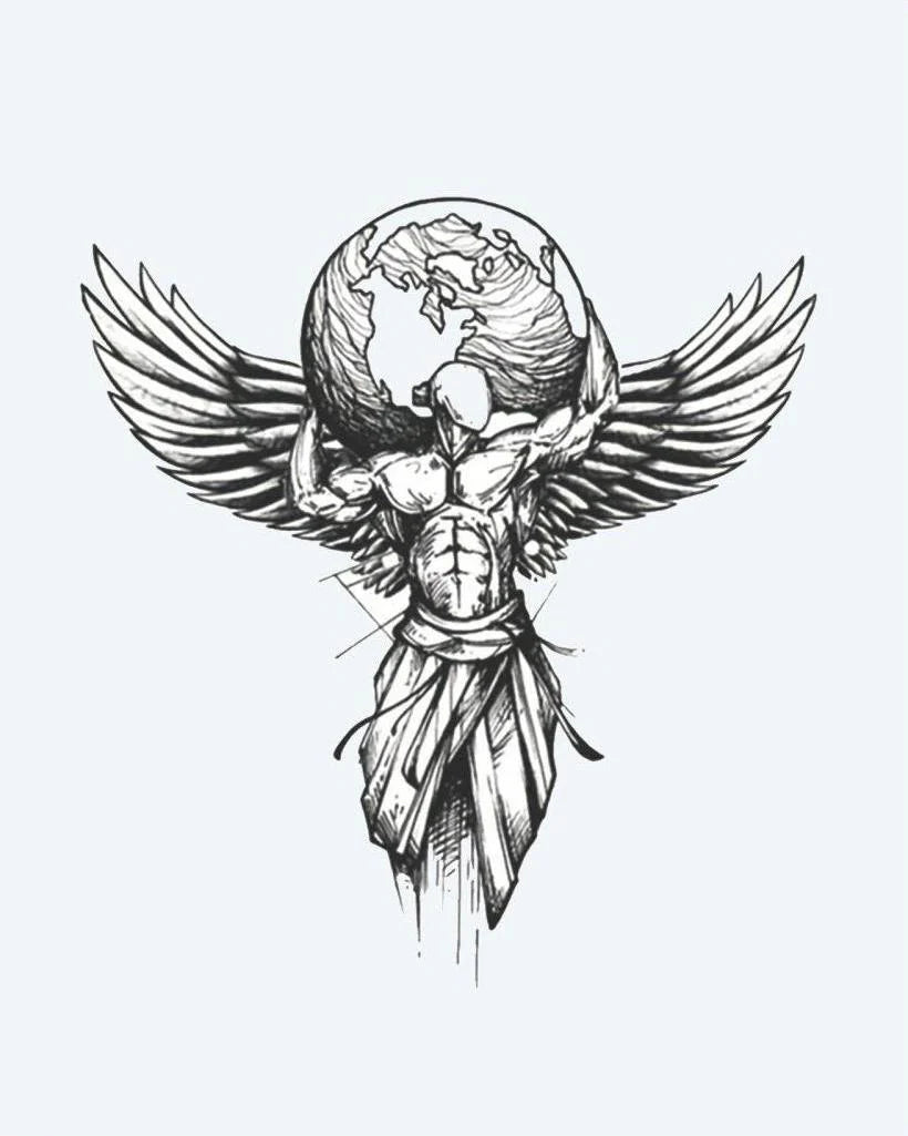 Winged Atlas semi-permanent tattoo design by INKON – winged, figure, holding, globe, illustrative illustration, 4 x 8 in (11x21cm), available at inkon.co