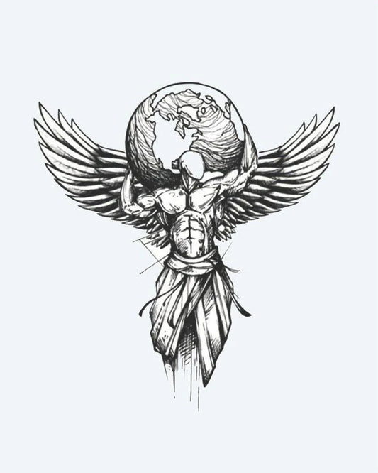 Winged Atlas semi-permanent tattoo design by INKON – winged, figure, holding, globe, illustrative illustration, 4 x 8 in (11x21cm), available at inkon.co