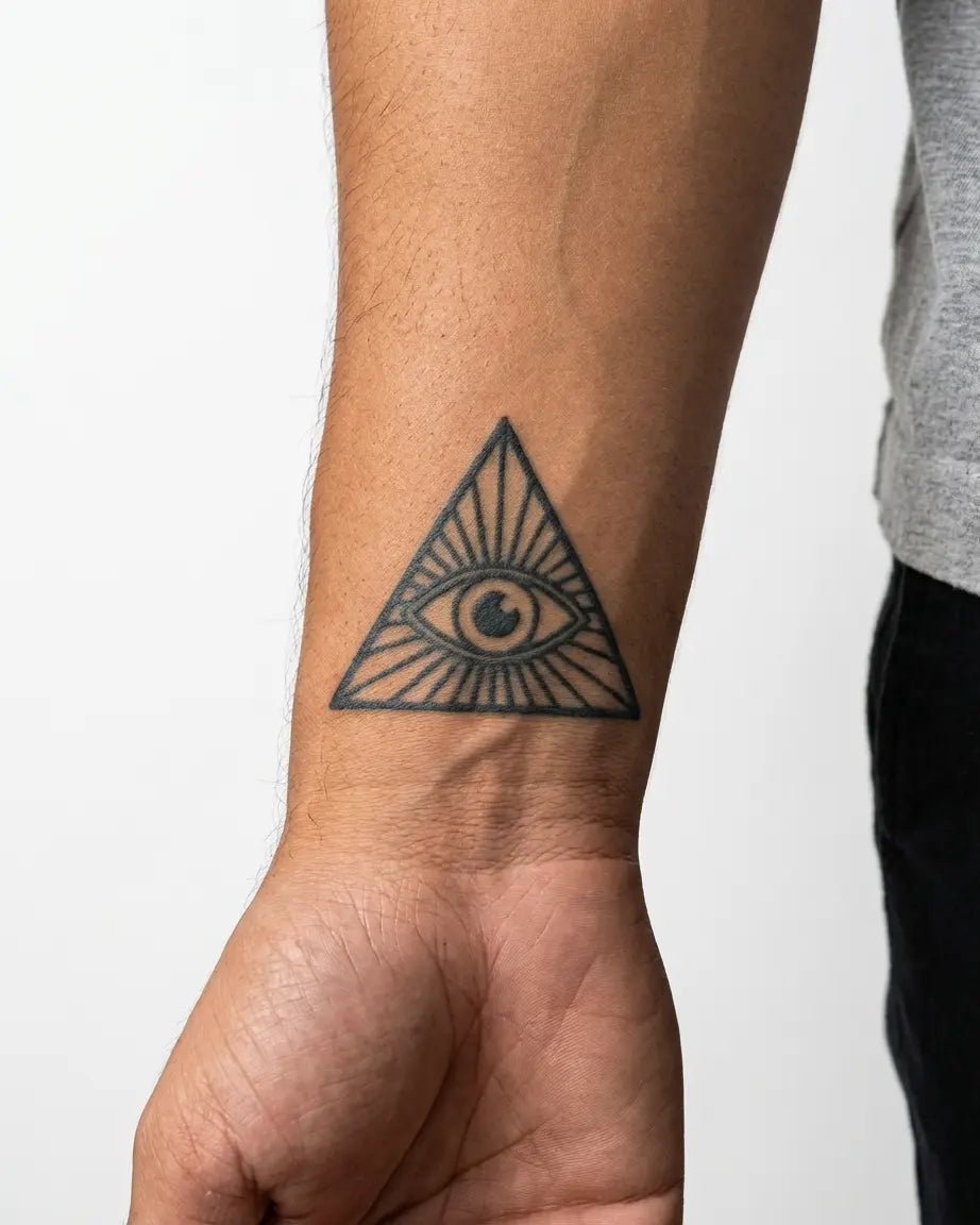 INKON All-Seeing Eye semi-permanent tattoo applied on a man – 2 x 2 in (5x5cm) design, realistic ink look, lasts 10 days
