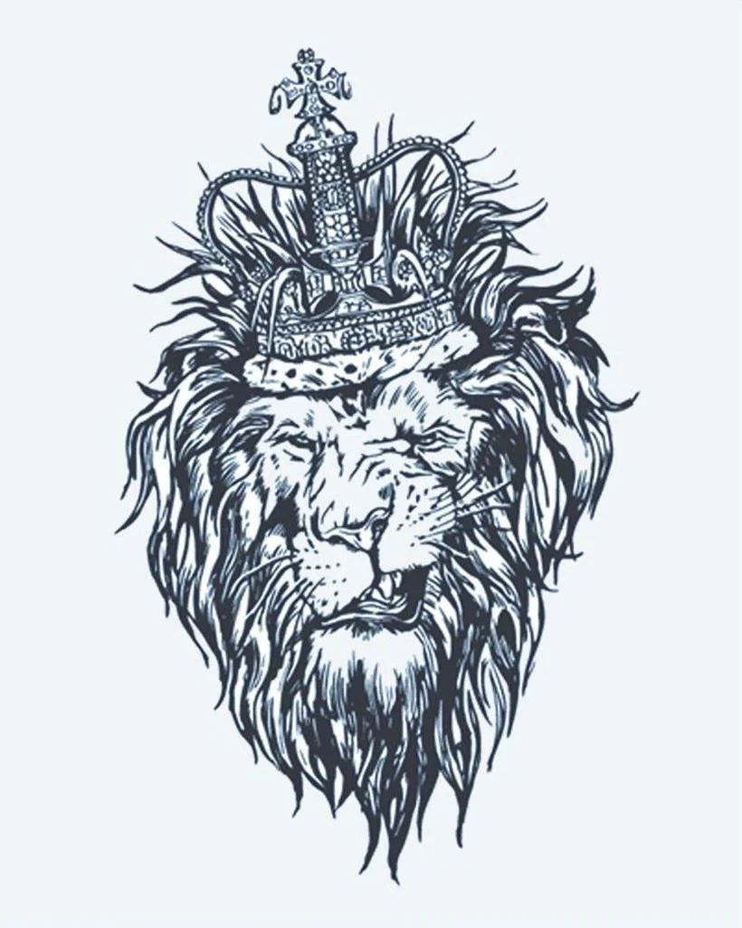 Lion King Crown semi-permanent tattoo design by INKON – majestic, lion, head, wearing, royal illustration, 4 x 7 in (10x17cm), available at inkon.co