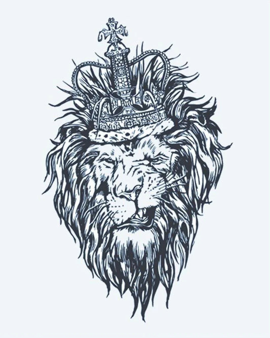 Lion King Crown semi-permanent tattoo design by INKON – majestic, lion, head, wearing, royal illustration, 4 x 7 in (10x17cm), available at inkon.co