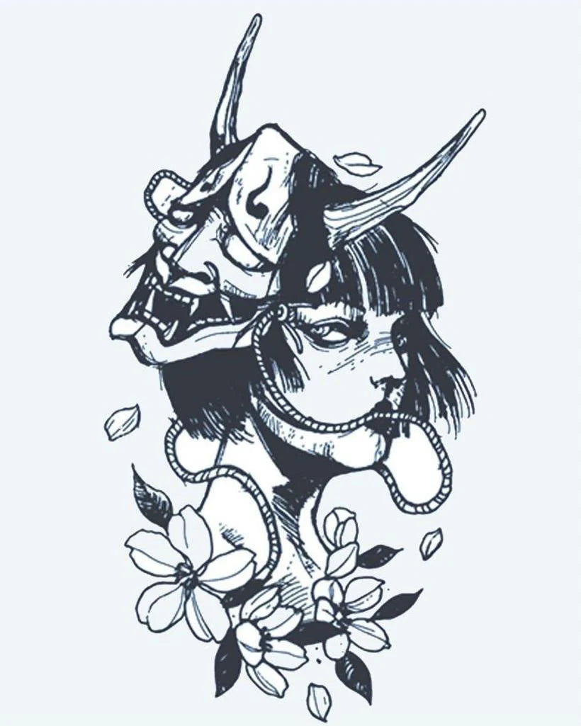 Hannya Mask & Geisha semi-permanent tattoo design by INKON – japanese, hannya, demon, mask, geisha illustration, 4 x 7 in (10x17cm), available at inkon.co