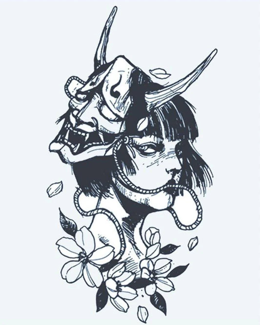 Hannya Mask & Geisha semi-permanent tattoo design by INKON – japanese, hannya, demon, mask, geisha illustration, 4 x 7 in (10x17cm), available at inkon.co