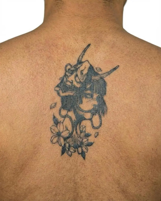 INKON Hannya Mask & Geisha semi-permanent tattoo applied on a man – 4 x 7 in (10x17cm) design, realistic ink look, lasts 10 days