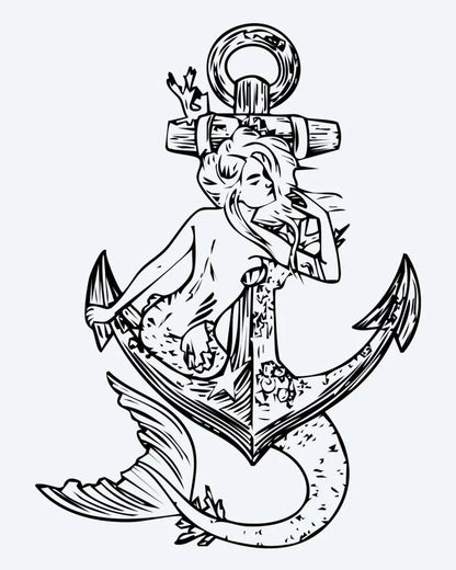 Mermaid & Anchor semi-permanent tattoo design by INKON – mermaid, draped, over, nautical, anchor illustration, 4 x 7 in (10x17cm), available at inkon.co