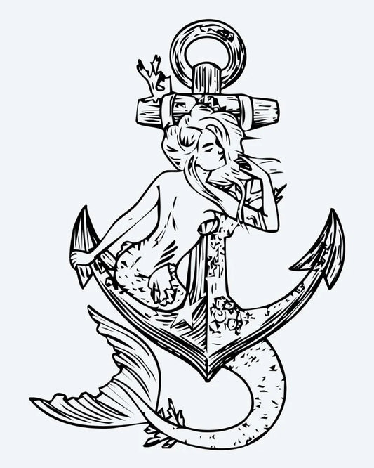Mermaid & Anchor semi-permanent tattoo design by INKON – mermaid, draped, over, nautical, anchor illustration, 4 x 7 in (10x17cm), available at inkon.co