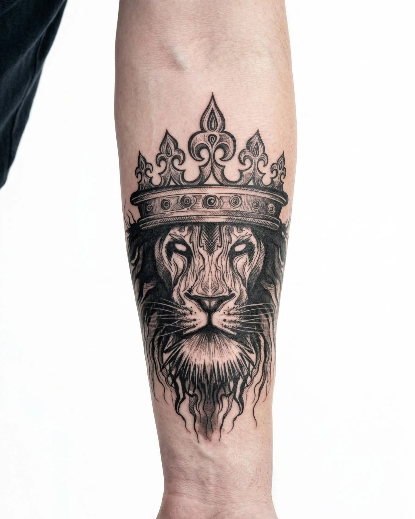 INKON Crowned Lion semi-permanent tattoo applied on a man – 4 x 7 in (10x17cm) design, realistic ink look, lasts 10 days