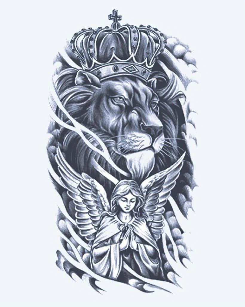 Crowned Lion & Angel semi-permanent tattoo design by INKON – majestic, crowned, lion, above, praying illustration, 4 x 7 in (10x17cm), available at inkon.co