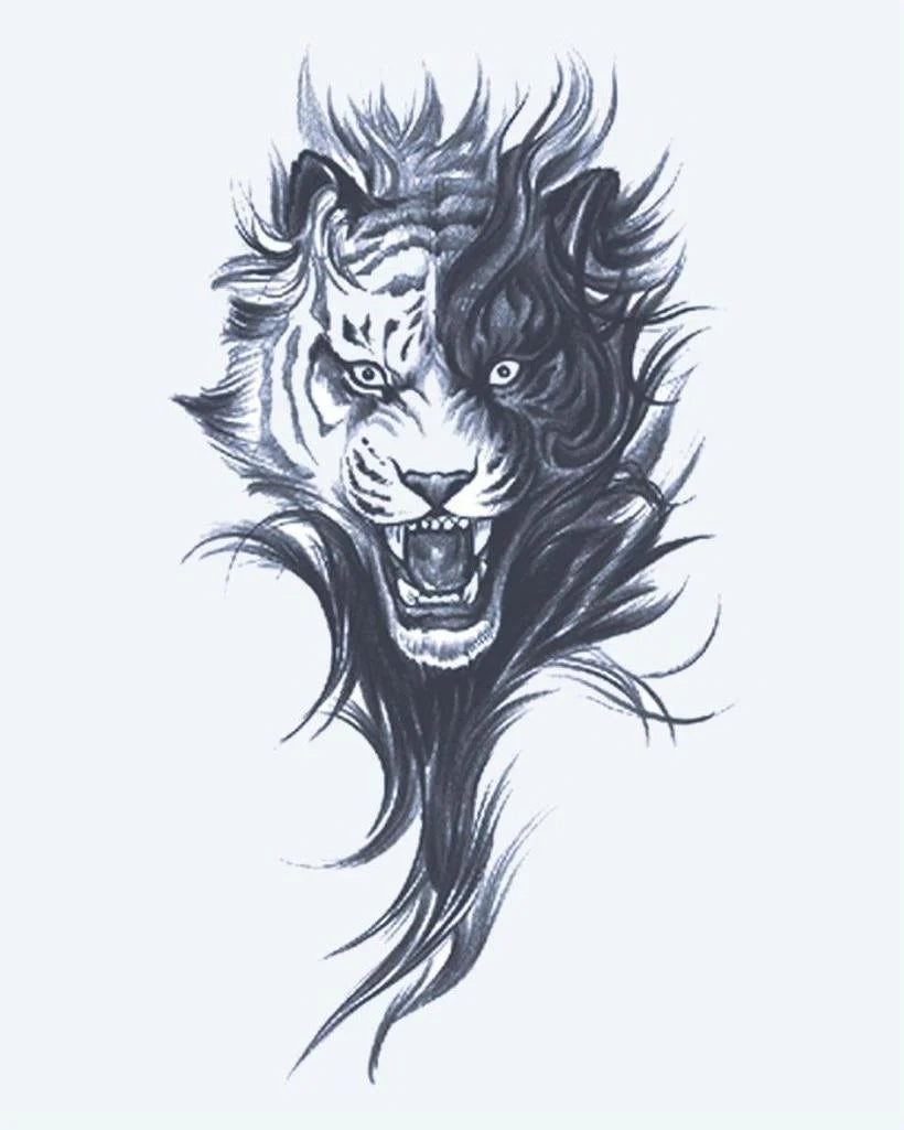 Roaring Tiger semi-permanent tattoo design by INKON – ferocious, roaring, tiger, head, dramatic illustration, 4 x 7 in (10x17cm), available at inkon.co