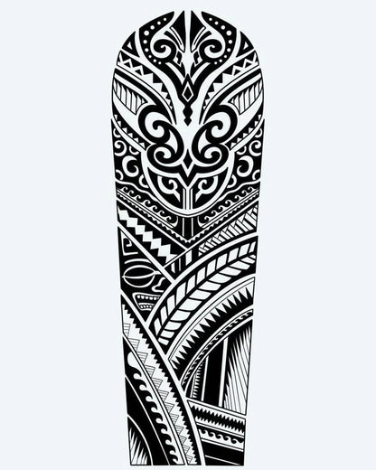 Polynesian Bold Sleeve semi-permanent tattoo design by INKON – samoan, packed, patterns, sharp, edges illustration, 8 x 20 in (20x50cm), available at inkon.co
