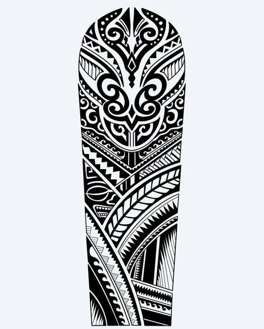 Polynesian Bold Sleeve semi-permanent tattoo design by INKON – samoan, packed, patterns, sharp, edges illustration, 8 x 20 in (20x50cm), available at inkon.co