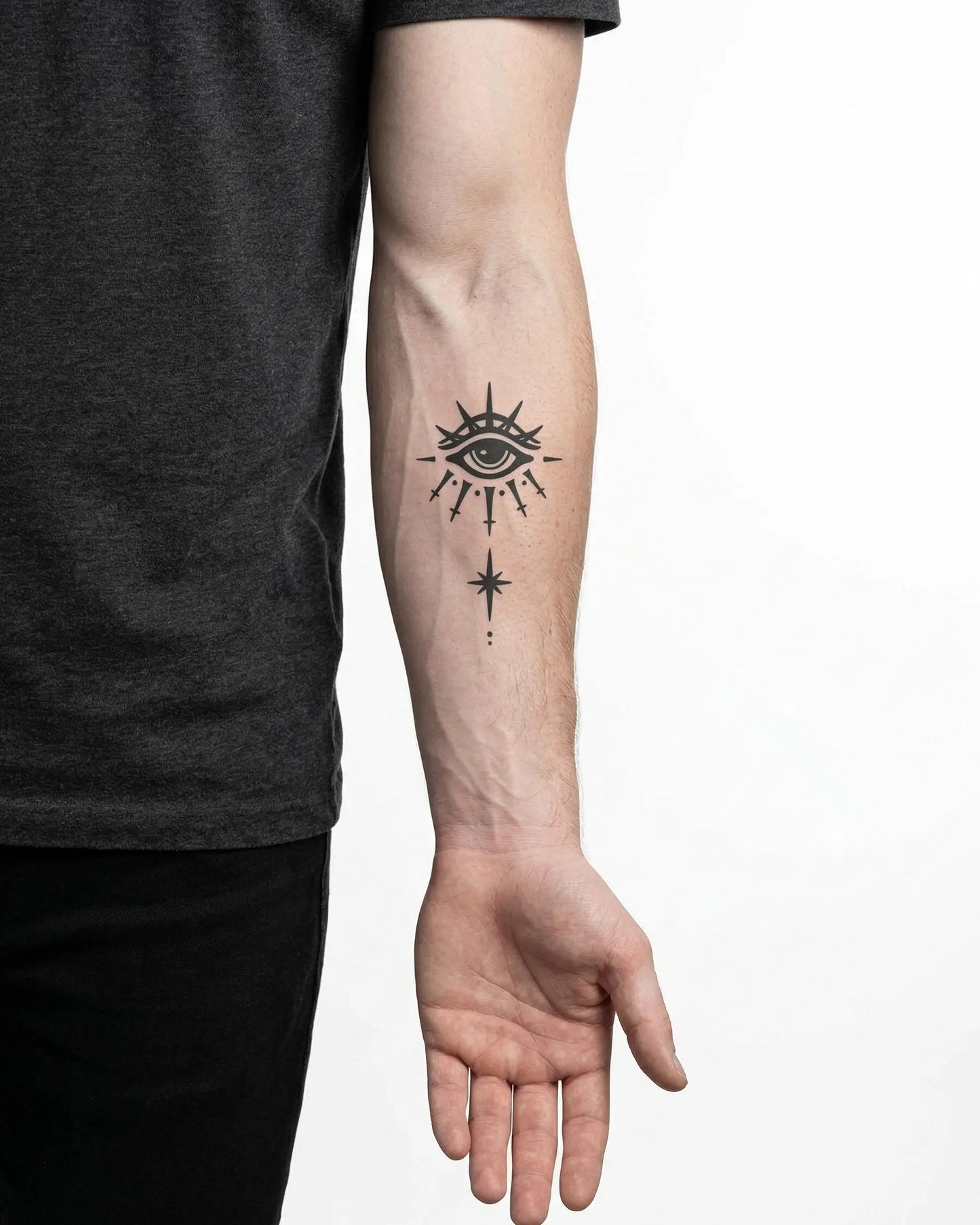 INKON All-Seeing Eye & Star semi-permanent tattoo applied on a man – 3 x 4 in (6x11cm) design, realistic ink look, lasts 10 days
