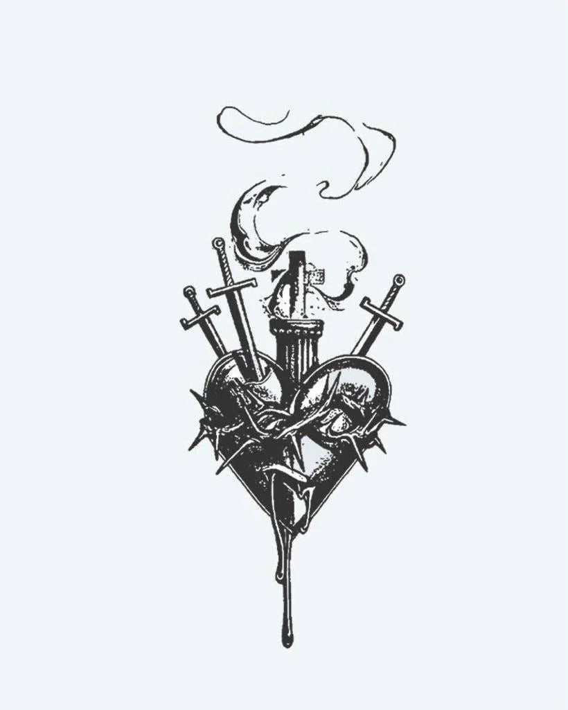 Sacred Heart & Daggers semi-permanent tattoo design by INKON – dark, sacred, heart, pierced, daggers illustration, 3 x 4 in (6x11cm), available at inkon.co