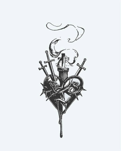 Sacred Heart & Daggers semi-permanent tattoo design by INKON – dark, sacred, heart, pierced, daggers illustration, 3 x 4 in (6x11cm), available at inkon.co