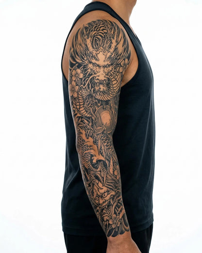 INKON Japanese Dragon & Pearl semi-permanent tattoo applied on a man – 8 x 20 in (20x50cm) design, realistic ink look, lasts 10 days