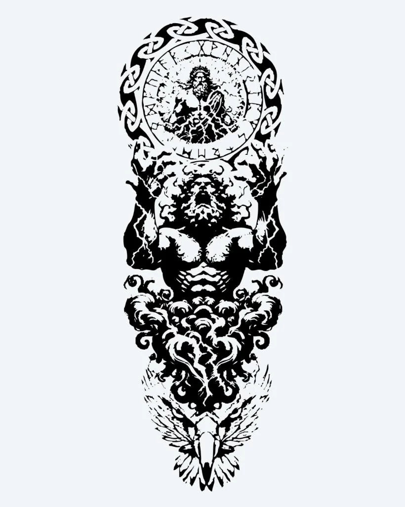 Atlas & Zodiac semi-permanent tattoo design by INKON – muscular, atlas, figure, holding, heavens illustration, 8 x 20 in (20x50cm), available at inkon.co