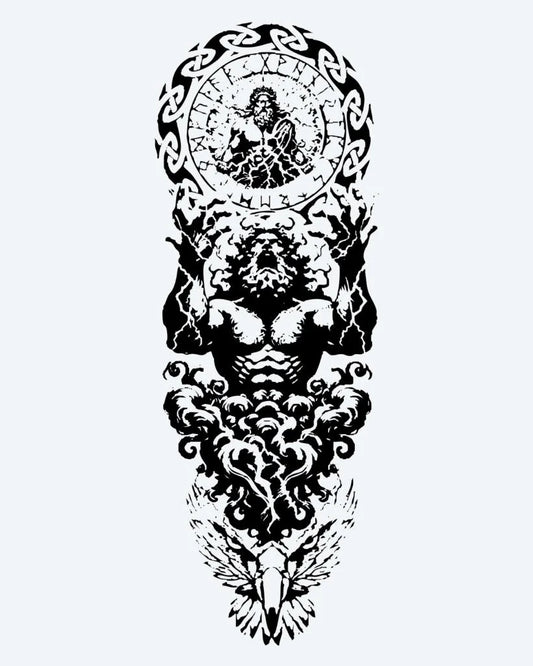 Atlas & Zodiac semi-permanent tattoo design by INKON – muscular, atlas, figure, holding, heavens illustration, 8 x 20 in (20x50cm), available at inkon.co