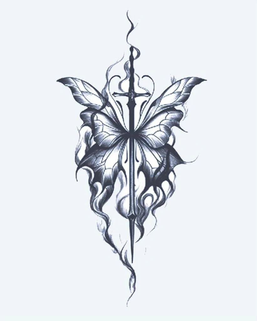 Butterfly & Sword semi-permanent tattoo design by INKON – butterfly, wings, pierced, long, sword illustration, 4 x 7 in (10x17cm), available at inkon.co