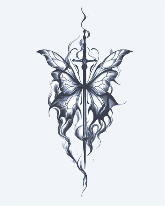 Butterfly & Sword semi-permanent tattoo design by INKON – butterfly, wings, pierced, long, sword illustration, 4 x 7 in (10x17cm), available at inkon.co