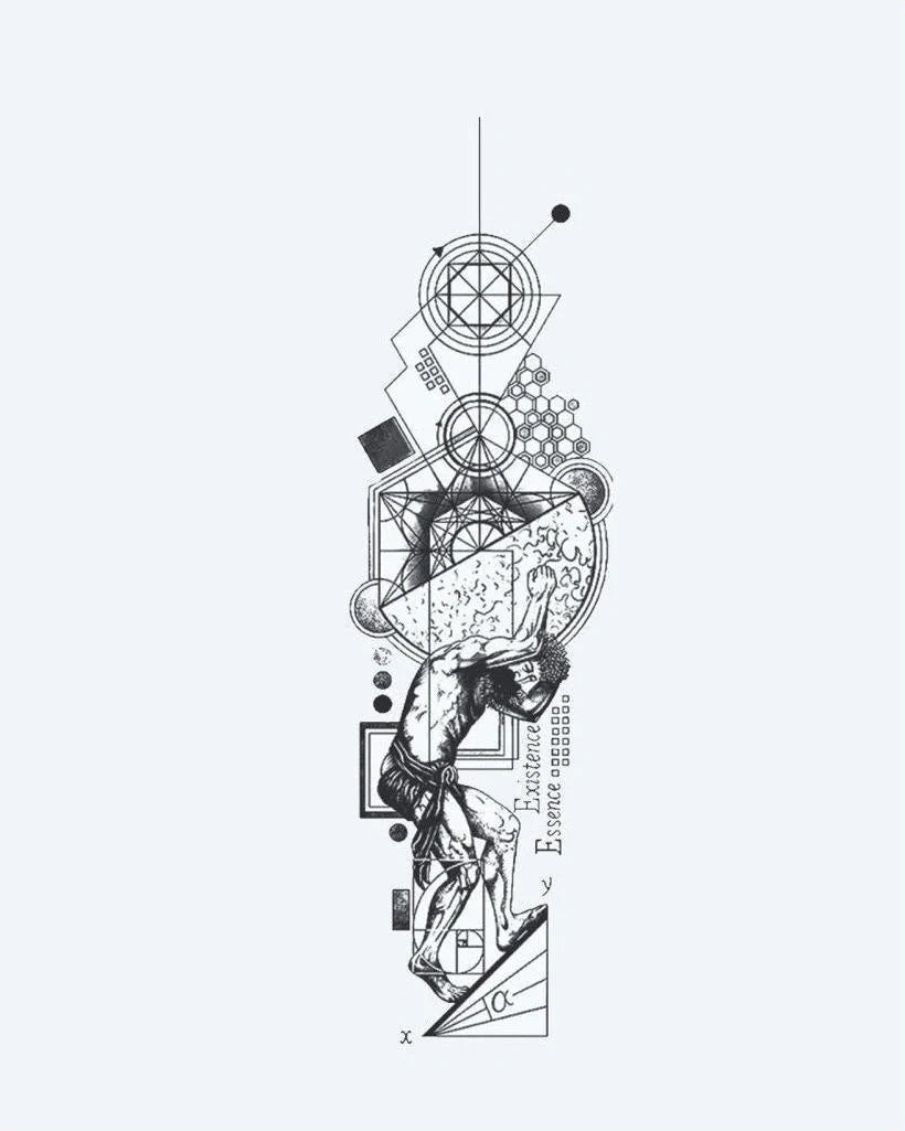 Atlas & Sacred Geometry semi-permanent tattoo design by INKON – blending, atlas, carrying, world, sacred illustration, 4 x 8 in (11x21cm), available at inkon.co