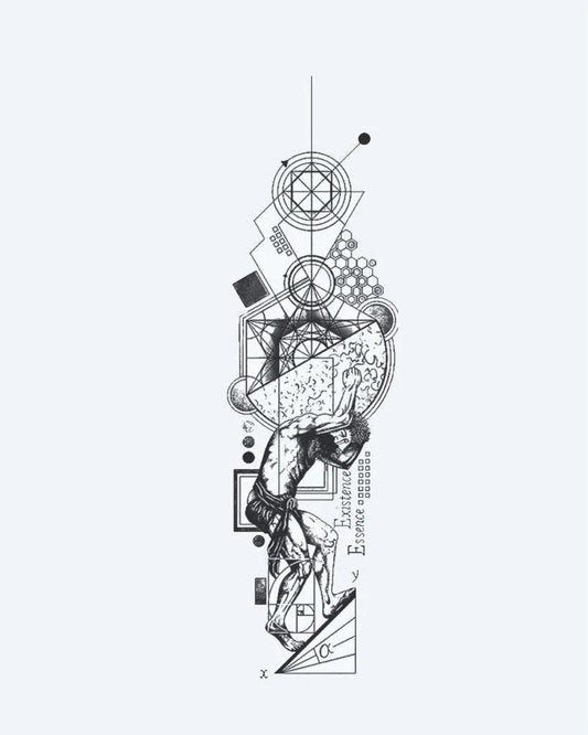 Atlas & Sacred Geometry semi-permanent tattoo design by INKON – blending, atlas, carrying, world, sacred illustration, 4 x 8 in (11x21cm), available at inkon.co