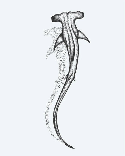 Hammerhead Shark semi-permanent tattoo design by INKON – dotwork, hammerhead, shark, swimming, downward illustration, 3 x 4 in (6x11cm), available at inkon.co