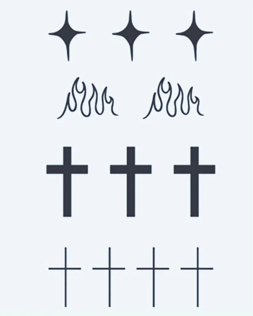 Stars, Flames & Crosses semi-permanent tattoo design by INKON – minimalist, sheet, four, point, stars illustration, 3 x 4 in (6x11cm), available at inkon.co