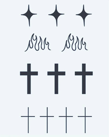 Stars, Flames & Crosses semi-permanent tattoo design by INKON – minimalist, sheet, four, point, stars illustration, 3 x 4 in (6x11cm), available at inkon.co